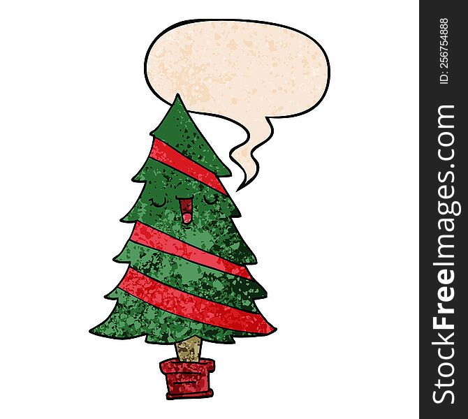 cartoon christmas tree with speech bubble in retro texture style