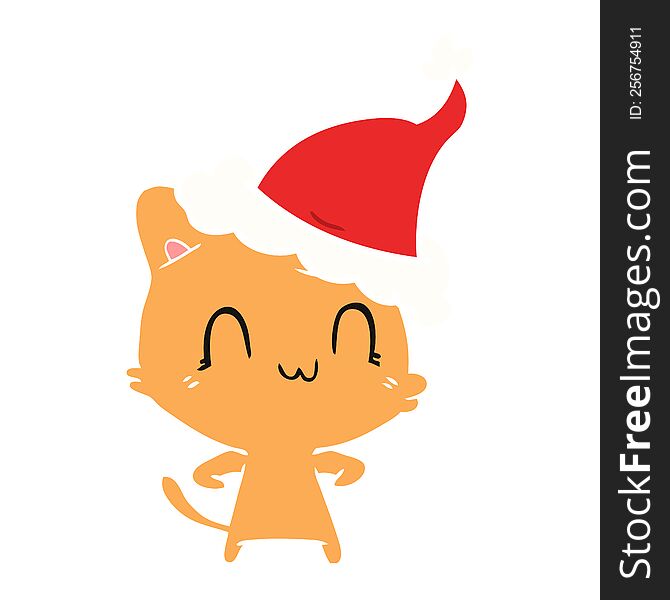 hand drawn flat color illustration of a happy cat wearing santa hat