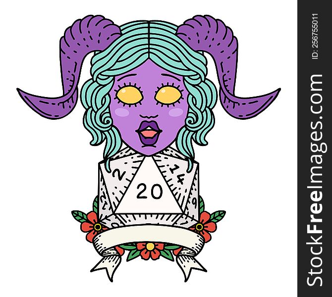 Retro Tattoo Style tiefling with natural 20 D20 roll. Retro Tattoo Style tiefling with natural 20 D20 roll