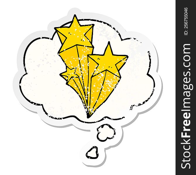 cartoon shooting stars with thought bubble as a distressed worn sticker