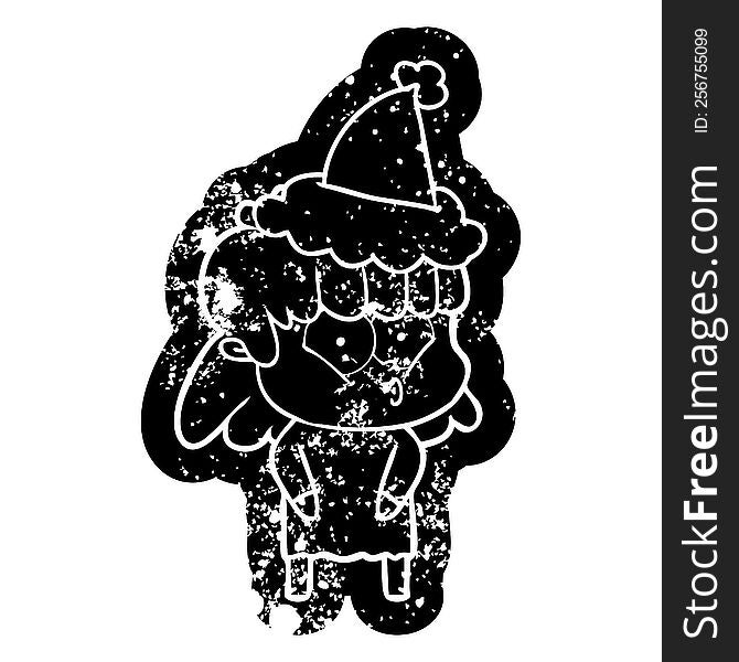 Cartoon Distressed Icon Of A Whistling Girl Wearing Santa Hat