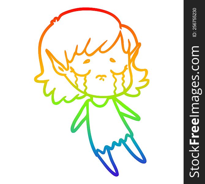 rainbow gradient line drawing cartoon crying elf girl