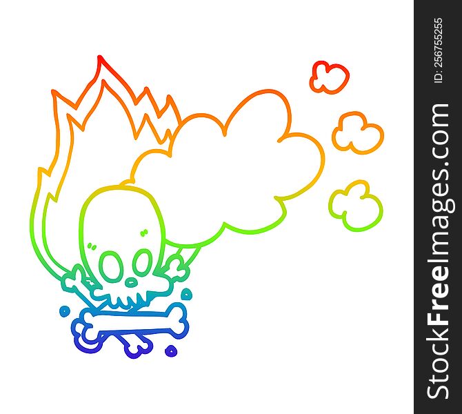 rainbow gradient line drawing of a cartoon spooky burning bones