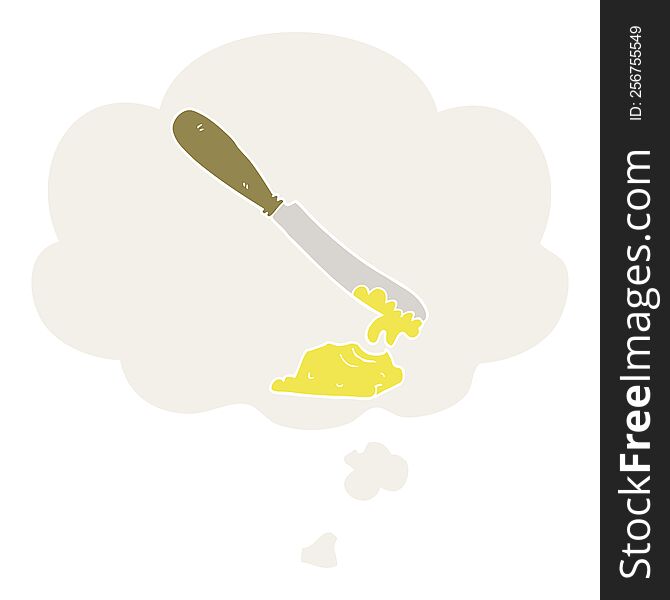 cartoon knife spreading butter with thought bubble in retro style