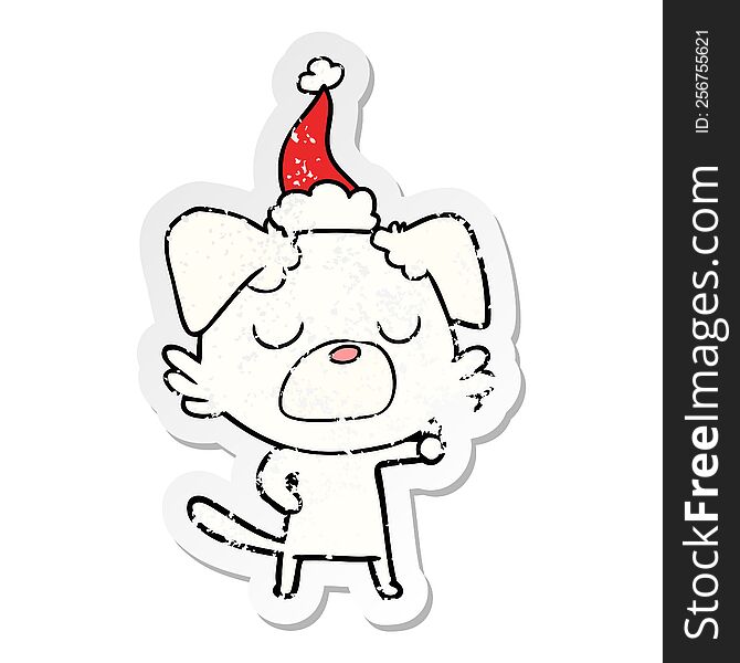 Distressed Sticker Cartoon Of A Dog Wearing Santa Hat
