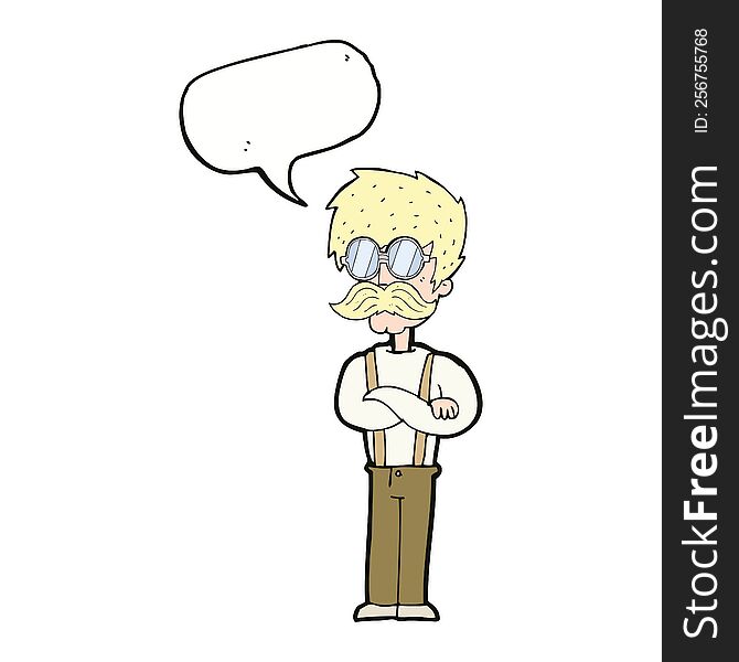 cartoon hipster man with mustache and spectacles with speech bubble
