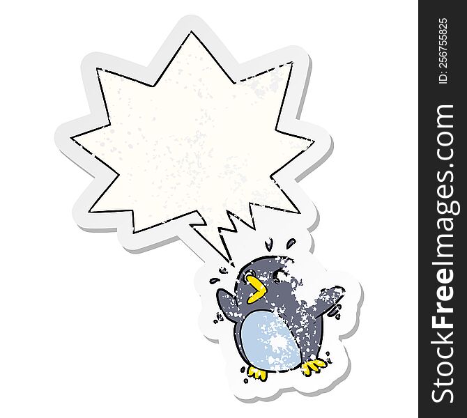 Cartoon Frightened Penguin And Speech Bubble Distressed Sticker