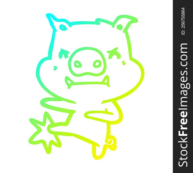Cold Gradient Line Drawing Angry Cartoon Pig Karate Kicking