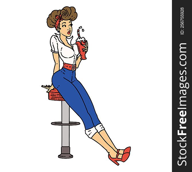 traditional tattoo of a pinup girl drinking a milkshake