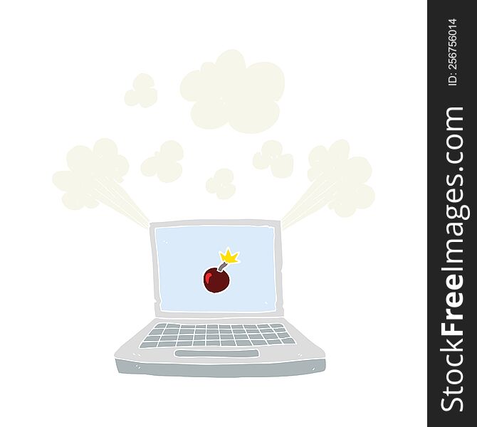 Flat Color Illustration Of A Cartoon Laptop Computer With Bomb Symbol