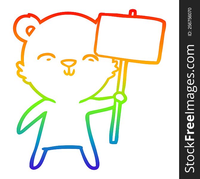 rainbow gradient line drawing of a happy cartoon bear with sign