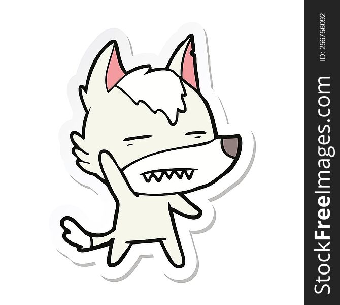 Sticker Of A Cartoon Wolf Waving Showing Teeth