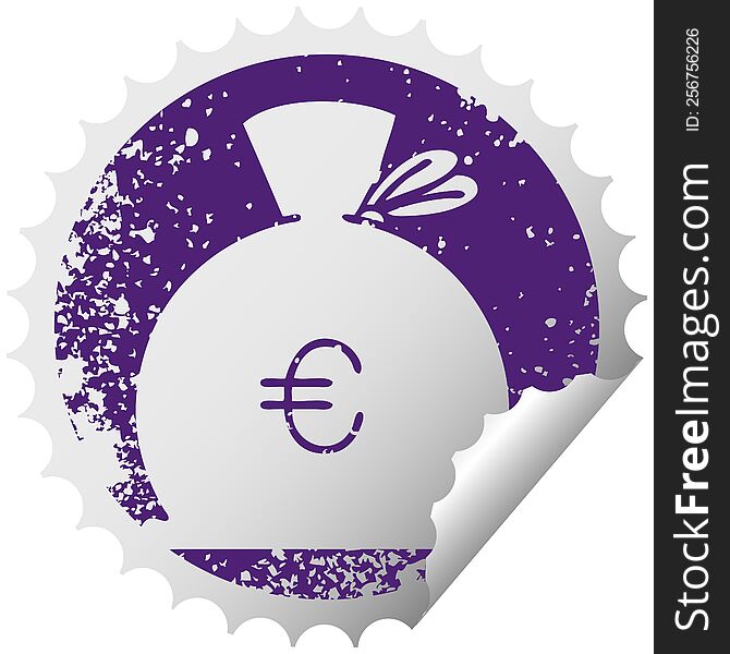 distressed circular peeling sticker symbol of a bag of money