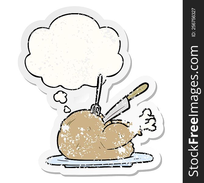 cartoon turkey with thought bubble as a distressed worn sticker