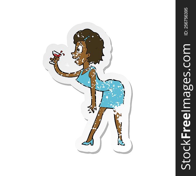 retro distressed sticker of a cartoon woman with drink