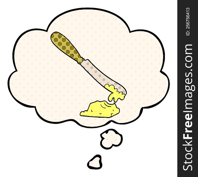 cartoon knife spreading butter with thought bubble in comic book style