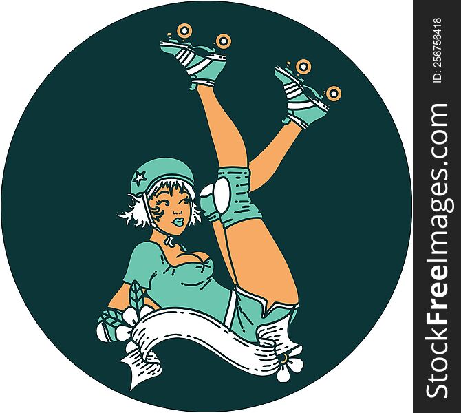 tattoo style icon of a pinup roller derby girl with banner