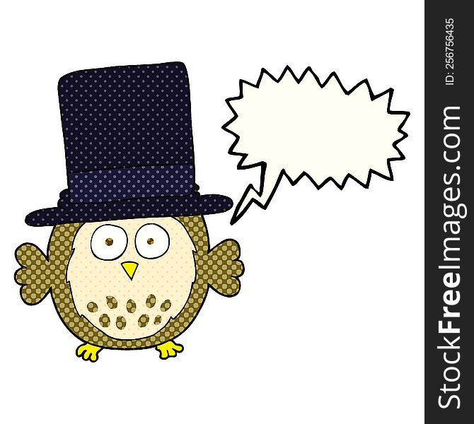 freehand drawn comic book speech bubble cartoon owl wearing top hat