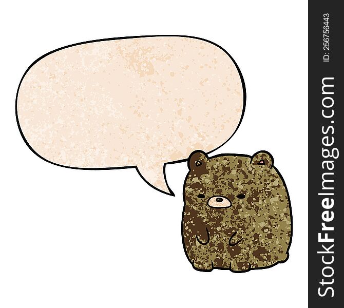 Cute Cartoon Sad Bear And Speech Bubble In Retro Texture Style