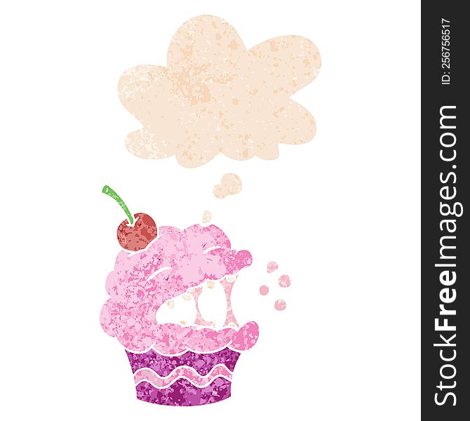 Cartoon Cupcake And Thought Bubble In Retro Textured Style
