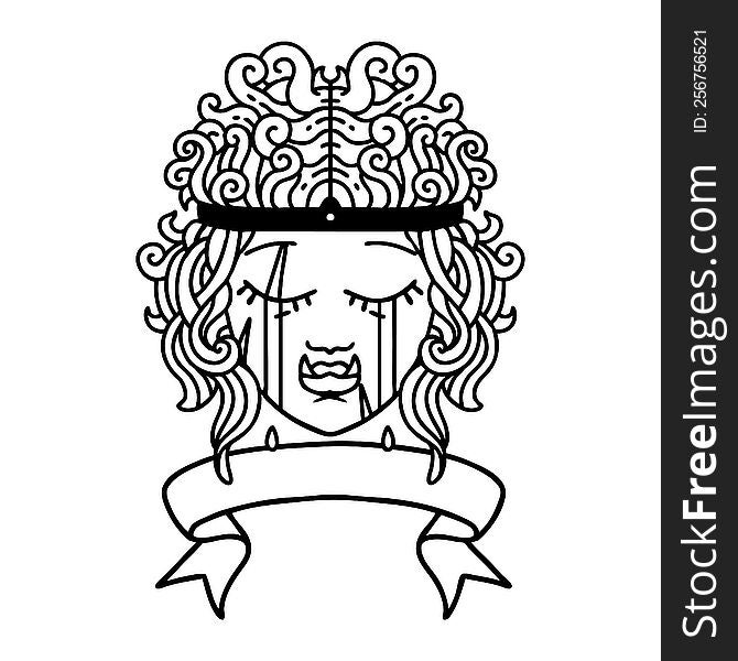 Black and White Tattoo linework Style crying orc barbarian character face with banner. Black and White Tattoo linework Style crying orc barbarian character face with banner