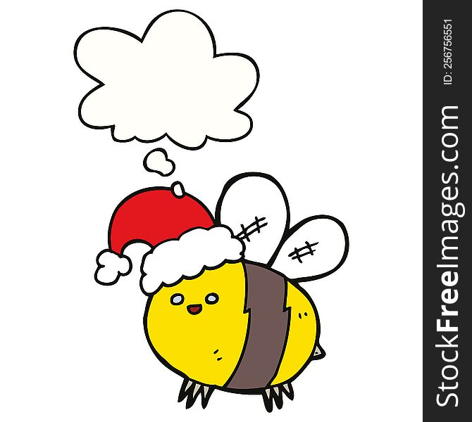 Cute Cartoon Bee Wearing Christmas Hat And Thought Bubble