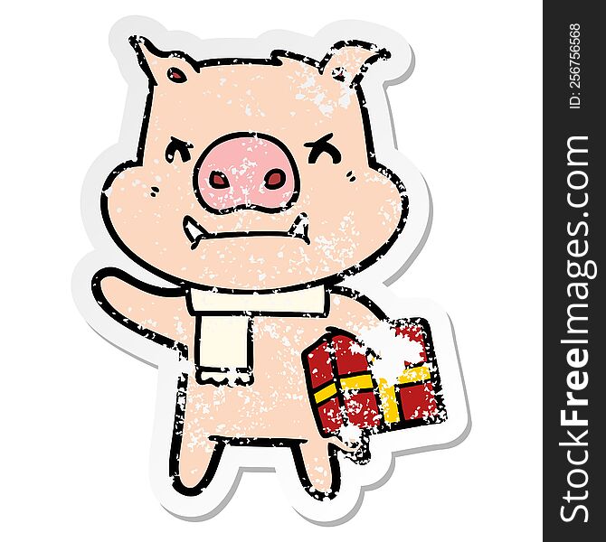 distressed sticker of a angry cartoon pig with christmas gift