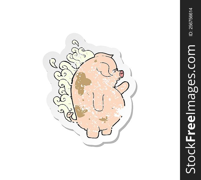 retro distressed sticker of a cartoon fat smelly pig