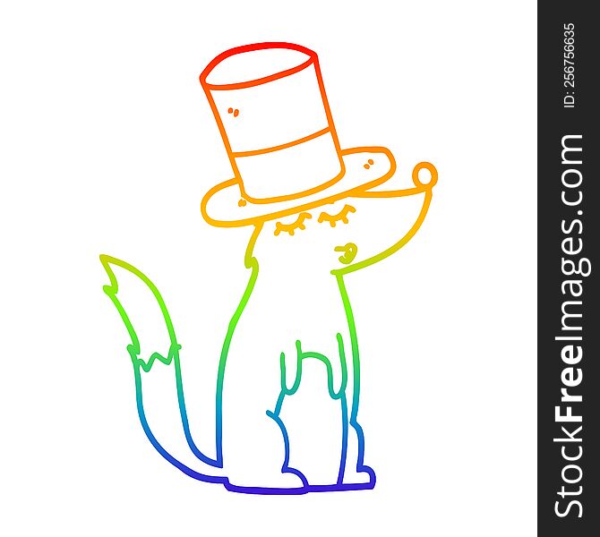 Rainbow Gradient Line Drawing Cartoon Wolf Whistling Wearing Top Hat