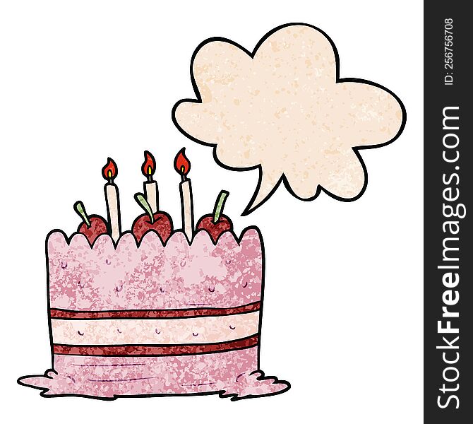 cartoon birthday cake with speech bubble in retro texture style
