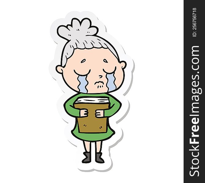 sticker of a cartoon crying woman holding book