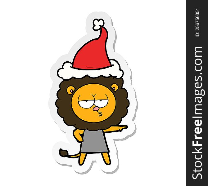 hand drawn sticker cartoon of a bored lion wearing santa hat