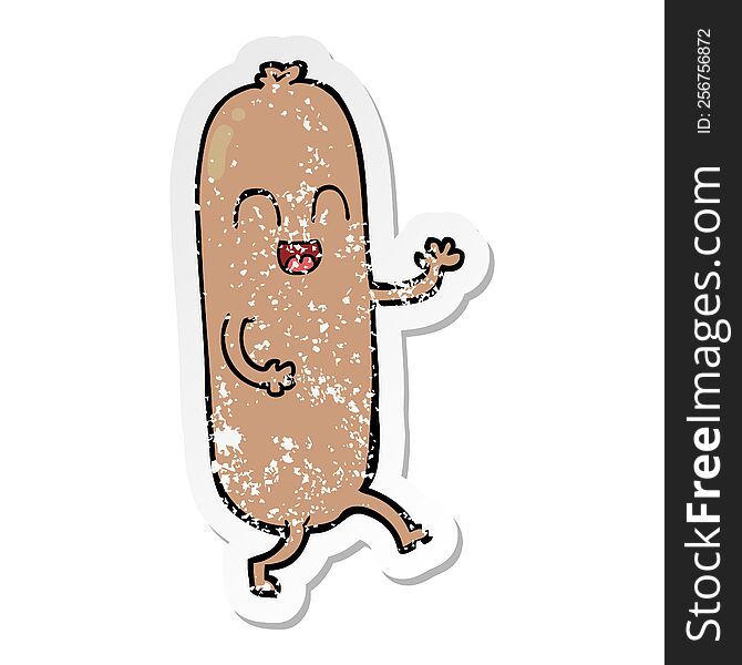 distressed sticker of a cartoon dancing sausage