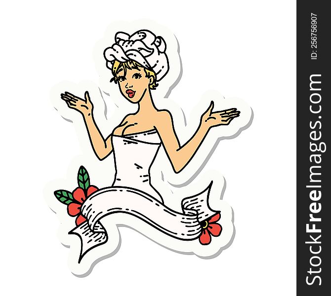 Tattoo Style Sticker Of A Pinup Girl In Towel With Banner