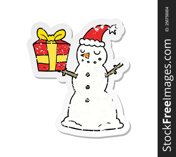 Distressed Sticker Of A Cartoon Snowman With Present