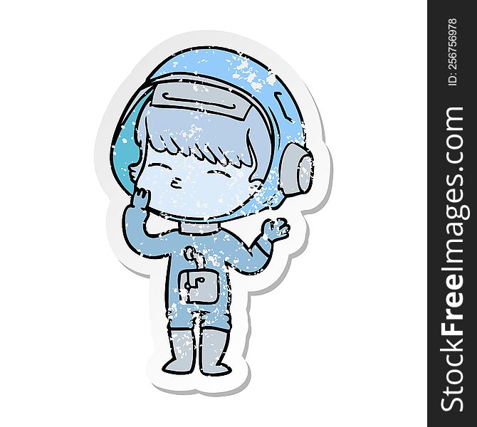 distressed sticker of a cartoon curious astronaut wondering
