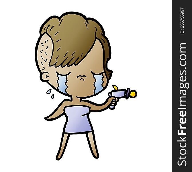 cartoon crying girl pointing ray gun. cartoon crying girl pointing ray gun