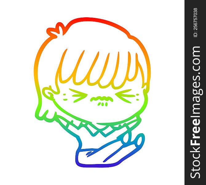 Rainbow Gradient Line Drawing Annoyed Cartoon Girl Falling Over