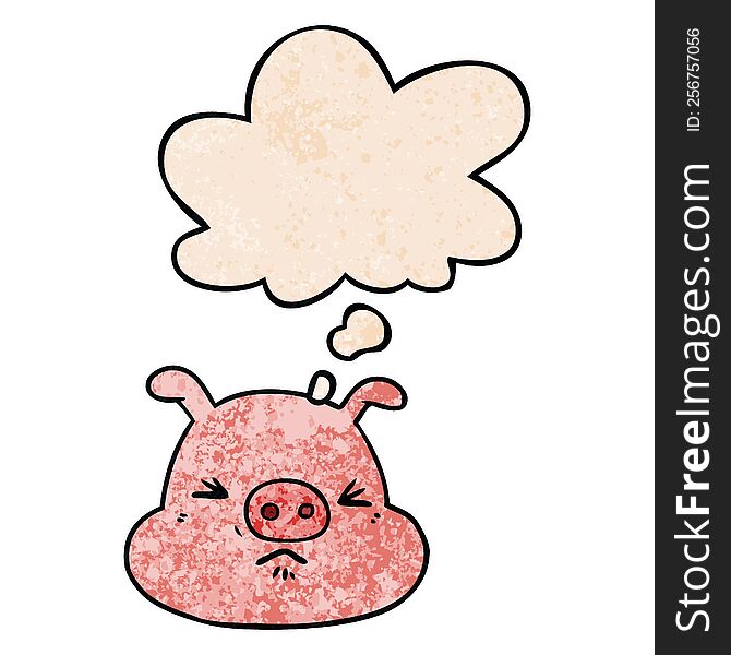 Cartoon Angry Pig Face And Thought Bubble In Grunge Texture Pattern Style