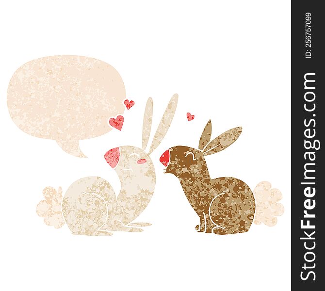 cartoon rabbits in love and speech bubble in retro textured style