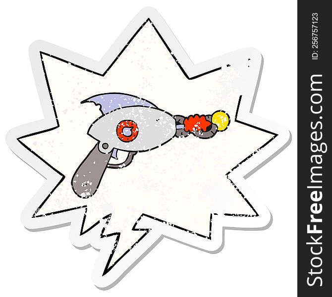 cartoon ray gun with speech bubble distressed distressed old sticker. cartoon ray gun with speech bubble distressed distressed old sticker