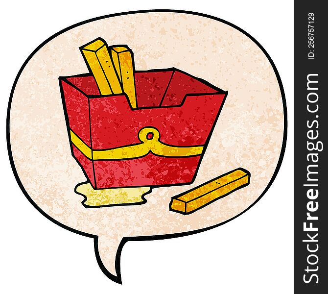 cartoon box of fries with speech bubble in retro texture style