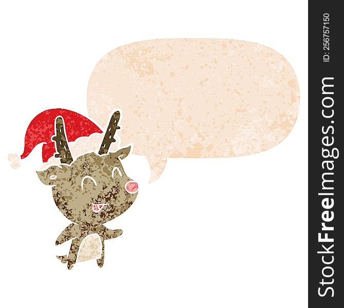 cartoon christmas reindeer and speech bubble in retro textured style