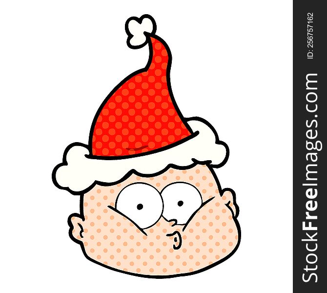 Comic Book Style Illustration Of A Curious Bald Man Wearing Santa Hat
