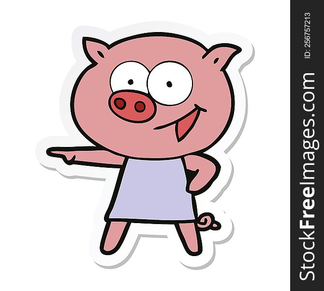 Sticker Of A Cheerful Pig In Dress Pointing Cartoon