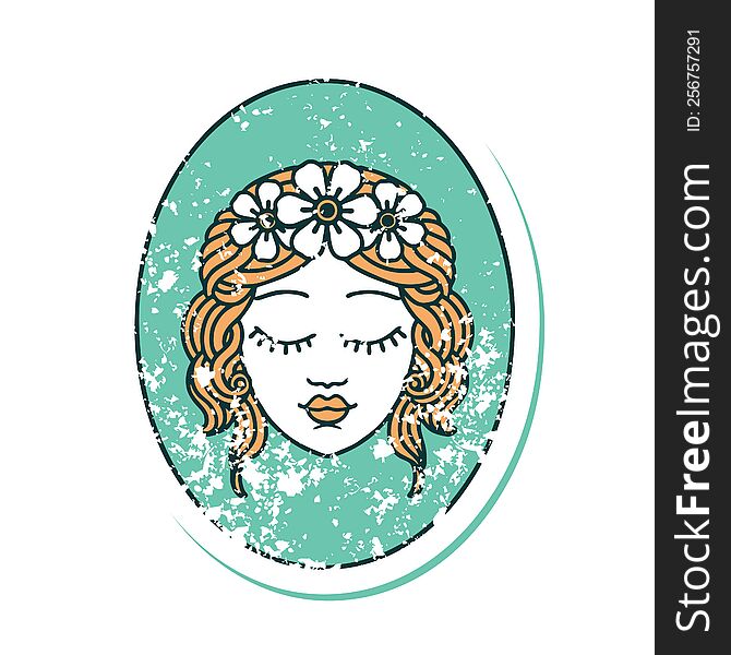 iconic distressed sticker tattoo style image of a maiden with eyes closed. iconic distressed sticker tattoo style image of a maiden with eyes closed