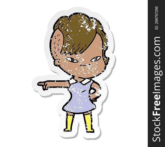 Distressed Sticker Of A Cute Cartoon Girl With Hipster Haircut