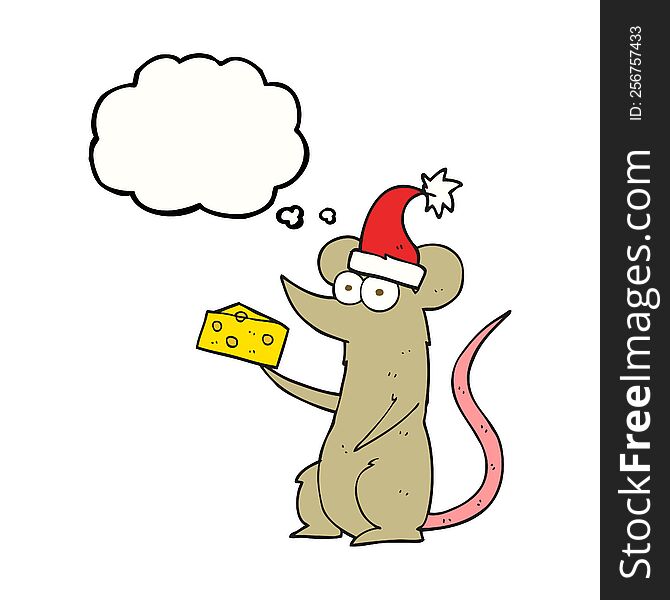 freehand drawn thought bubble cartoon christmas mouse with cheese