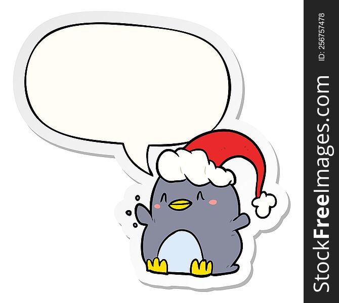 Cartoon Penguin Wearing Christmas Hat And Speech Bubble Sticker