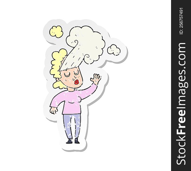 retro distressed sticker of a cartoon woman letting off steam